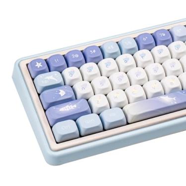 Imagem de COOMICKEY Teclas PBT azuis e brancas MOA, teclas de teclado personalizadas 60 65 75 100 por cento, sublimação de tinta de capa fofa, conjunto de teclas anime de 130 teclas para teclados Cherry Gateron