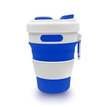 Imagem de iEWENi Copo de viagem dobrável de 500 ml com tampa e gancho de metal reutilizável de silicone para bebida quente/fria, portátil, acampamento, caminhada, micro-ondas e lava-louças (azul escuro)