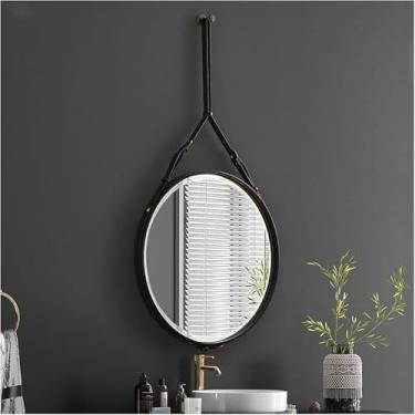 Imagem de Espelho De Parede Redondo Com Corrente De Couro, Espelho Decorativo Moderno Para Casa Banheiro Quarto, Sala De Estar, Entrada, Marrom/laranja, Black, ø50cm/20in