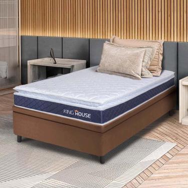 Imagem de Conjunto Box Baú Marrom Durban Azul Espuma D28 Solteiro 88x188x64 - King House