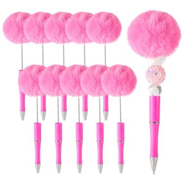 Imagem de Spritewelry Caneta pompom fofa, 10 peças, faça você mesmo, canetas esferográficas de plástico, com contas, eixo, tinta preta, suprimentos para escritório, escola, rosa-choque