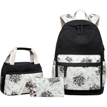 Imagem de Mochila Elegante Meninas Lona Saco Escolar Set - Mochila Escolar Floral, Mochila Laptop E Mochila De Viagem, Black, A