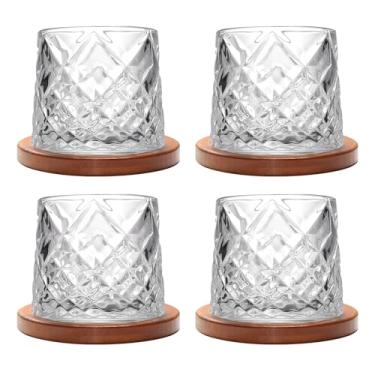 Imagem de Copo giratório antiquado, conjunto de 4 copos de uísque de cristal de 275 ml/283.5 g, porta-copos de madeira, espessamento, usado como copo de rum, copo de coquetel, xícara de café, copo de leite para