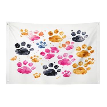 Imagem de Bandeira com quatro furos bandeiras para todos os climas patas de cachorro coloridas impressas bandeira decorativa bandeiras de poliéster adequadas para uso interno e externo 89 x 159 centímetros