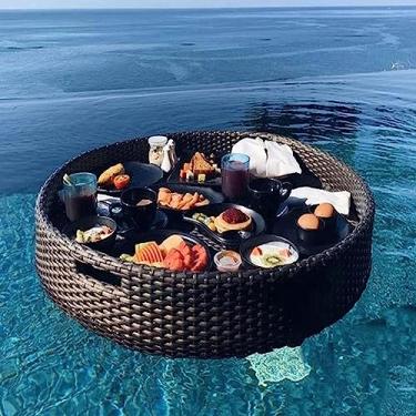 Imagem de Bandeja De Servir Redonda De Vime Com Alça Bandejas Flutuantes Para Servir Café Da Manhã Bandeja De Comida Resistente Bandeja De Mordomo à Prova D'água Para Pratos D, Black, 60x20cm