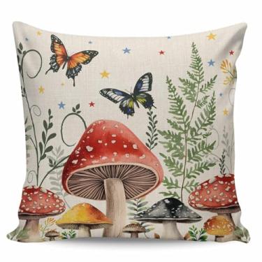 Imagem de Aiesther Capas de almofada de cogumelo vintage fazenda planta borboleta curta fronha de pelúcia decoração de casa capa de almofada para sofá cama 45,7 cm x 45,7 cm, super macio e confortável