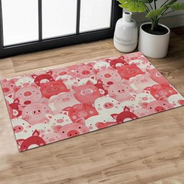Imagem de MIEPOS Tapete de porta interior com cara de porco fofo, tapete de porquinho rosa e vermelho, 75 x 43 cm, tapete de entrada, para sala de estar, escritório, trailer, cozinha, decoração de tapetes de