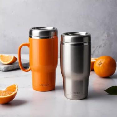 Imagem de Caneca Térmica Parede Dupla em Aço Inox Laranja 750ml com Tampa Flip - Estilo Minimalista