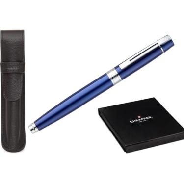 Imagem de Sheaffer Caneta azul brilhante 300 com acabamento cromado e conjunto de presente com bolsa combinando (fonte, ponta fina)