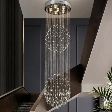 Imagem de FRIXCHUR Luminária Pendente De Cristal Moderna 19,7" Para Teto Alto - Lustre 63" Comprimento Escada, Hall Entrada