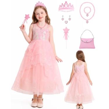 Imagem de IBQ Glinda Costume Girls Wicked Pink Witch Costume Princess Dress Kids Toddler Halloween Good Witch Cosplay Outfit with Crown, Wand, Purse, Necklace Set BQ047L