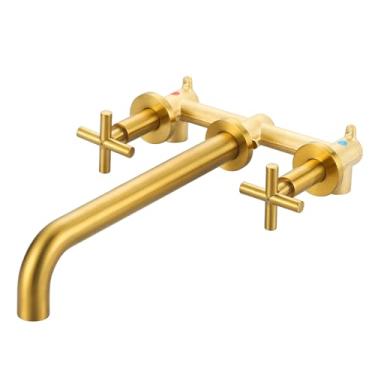 Imagem de ARCORA Torneira de Banheira de Montagem na Parede com Ouro Escovado, Longo Alcance do Bico, 2 Alças Cruzadas, Latão Áspero na Válvula