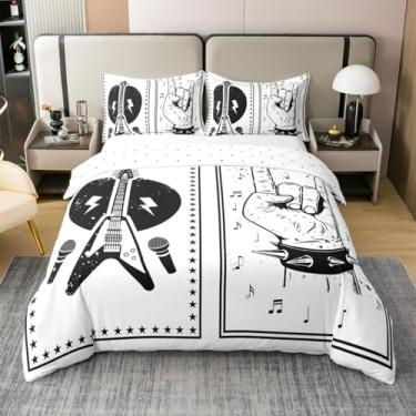 Imagem de Manfei Jogo de cama de casal com estampa de rock roll, música, 100% algodão, instrumento de guitarra, para presentes de quarto, retrô, abstrato, graffiti, conjunto de cama 3 peças, edredom não