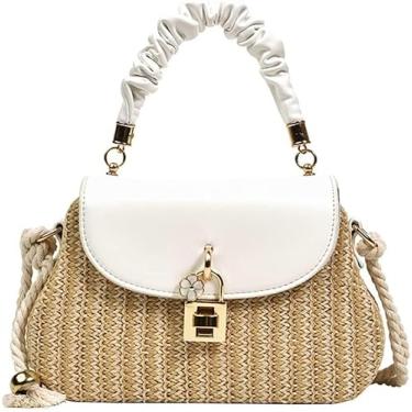 Imagem de Palha Crossbody Bolsa Para Mulheres Mão Tecido Bolsa De Ombro Couro Top Handle Pequena Bolsa Boho Rattan Praia Bolsas, White-a, One Size