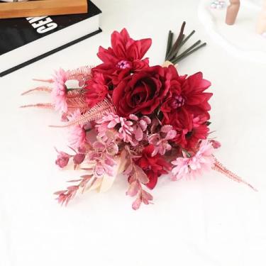 Imagem de Flores artificiais, rosas, decoração para sala de estar, arranjos florais artificiais, buquês de casamento, decoração para festa (rosa vermelha)