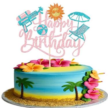 Imagem de 1 pacote de topo de bolo de verão praia feliz aniversário pistola de água tropical havaiana palheta de bolo guarda-chuva de piscina feriado decoração de cupcake para chá de bebê de verão suprimentos