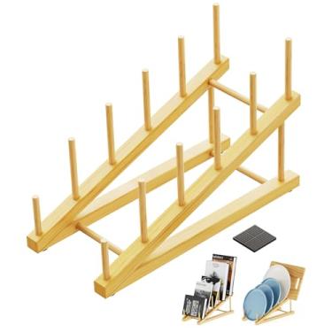 Imagem de BusyePa Escorredor de pratos de bambu, organizador de cozinha com 5 compartimentos, suporte de exibição para pratos, tigelas, tábuas de corte, tampas de panela, livros, discos, obras de arte e