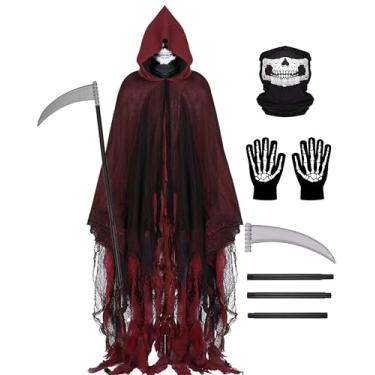 Imagem de Fantasia de Ceifador, Capa com Capuz de Halloween, Fantasias de Cosplay para Adultos, Capa de Ceifador com Foice, Máscara de Caveira, Luvas, Vermelho, M