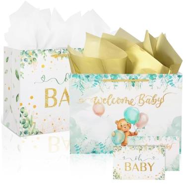 Imagem de Pacote com 2 sacos de presente de bebê médios para chá de bebê, sacos de chá de bebê reutilizáveis com papel de seda e cartão comemorativo para meninos e meninas festa de chá de bebê (branco + verde)