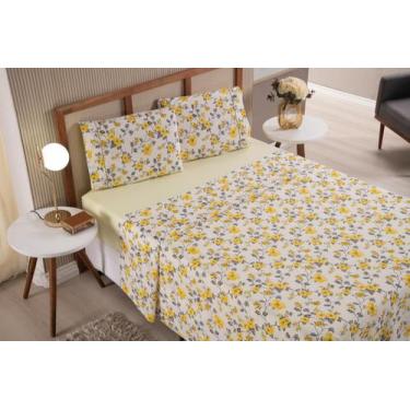 Imagem de Jogo de Lençol Casal Padrão 3 Peças Floral Amarelo Roupa de Cama Perca