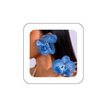Imagem de Xduargs Brincos de flor azul exagerada Boho Phalaenopsis azul vintage grande borboleta orquídea brincos de pétala floral de noiva joias para mulheres, Zinco, Sem pedra preciosa