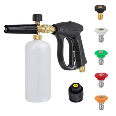Imagem de Roucerlin Pistola de lavagem curta de alta pressão com 5 pontas de bocal de água e conexão M22 de 14 mm, conexão rápida e adaptador de 1/10.2 cm, pistola de lavagem de carro portátil compatível com