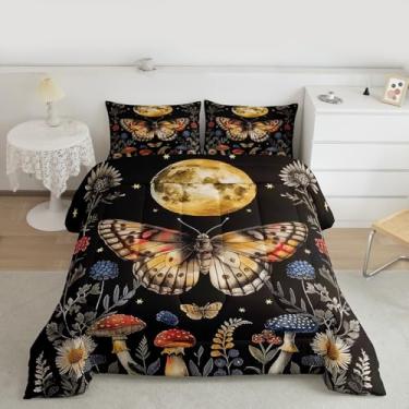 Imagem de Feelyou Conjunto de cama de lua macio para meninos e meninas, conjunto de edredom solteiro, borboletas, microfibra, natureza, decoração de quarto, estilo boêmio, 2 peças com 1 fronha