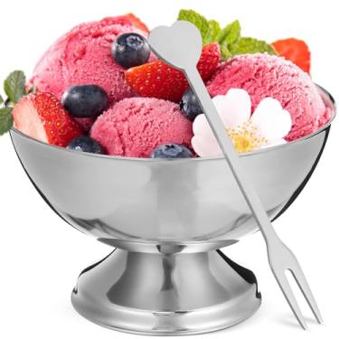 Imagem de NUOBESTY Tigelas de sorvete, copos de sobremesa de aço inoxidável de 10 cm com garfo, tigela de salada, copo de servir com pés para sorvete, doces, lanches, frutas, bolo - festa, casamento