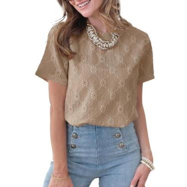 Imagem de Camiseta feminina de verão Dokotoo, manga curta, crochê, cáqui