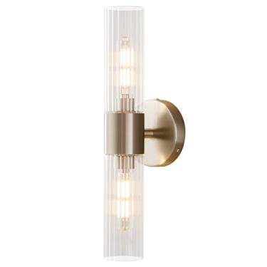 Imagem de Timeweave Luminária de banheiro 2 luzes, luminária moderna para banheiro, arandela, luz de banho com hastes de vidro para espelho e corredor do quarto (níquel escovado)