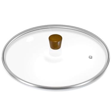 Imagem de Tampa de vidro temperado de 30,5 cm para panelas e panelas, tampa de substituição de vidro redondo com aro de aço inoxidável para frigideiras, puxador de madeira marrom escuro