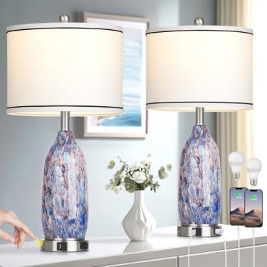 Imagem de Cinyirong Conjunto de 2 lâmpadas de mesa de vidro costeiro de 66 cm para sala de estar, luminária de cabeceira de toque de 3 vias para quarto, lâmpada náutica de praia com portas USB A+C e tomada CA