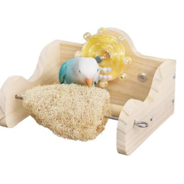 Imagem de Brinquedo de poleiro de pássaro com suporte de comida de aço inoxidável e brinquedo de sino giratório divertido colorido, plataforma de exercícios de madeira natural com suporte de alimentos de frutas