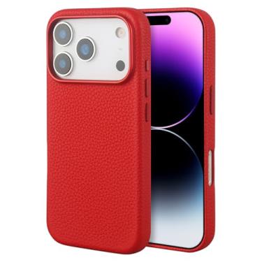 Imagem de Capa de couro compatível com iPhone 17 Pro Max – Capa de couro real de grão lichia premium compatível com MagSafe, capa protetora fina com forro de microfibra macia, à prova de choque, vermelho de