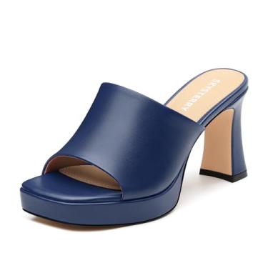 Imagem de SKYSTERRY Sandálias femininas de salto plataforma alto grosso salto bloco quadrado aberto salto sem cadarço confortável festa de casamento formatura verão chinelos de salto 8,2 cm, Azul-marinho PU, 39