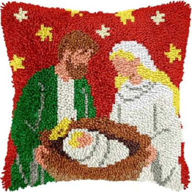 Imagem de QIONG MENG Kits de gancho de trinco para adultos, kit de capa de travesseiro DIY Natal Jesus Cristão capa de almofada de costura artesanal crochê para decoração de sofá de casa 43 x 43 centímetros