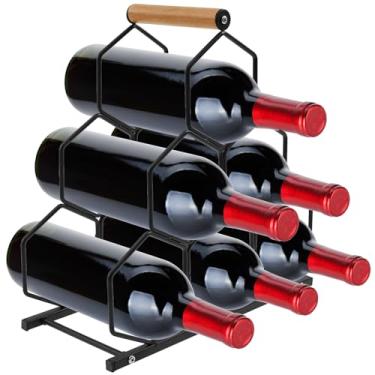 Imagem de Rack de armazenamento de vinho de metal, fácil instalação, 3 camadas, design criativo, favo de mel, suporte para exibição de garrafa de vinho com alça de madeira, comporta até 6 garrafas para