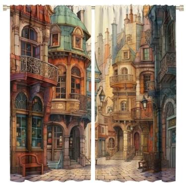 Imagem de Cortina arquitetônica retrô italiana, desenho animado aquarela paisagem de cidade italiana retrô casa arquitetônica, cortina blackout estética tema do século passado, 2 peças 106,7 x 114,3 cm