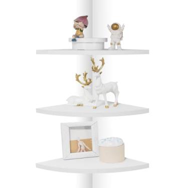 Imagem de DUICIRX Prateleiras de parede de canto, prateleiras flutuantes de canto de madeira com pista de cabo, exibição de armazenamento de parede para acessórios de TV, monitor, alto-falante, caixa de cabo