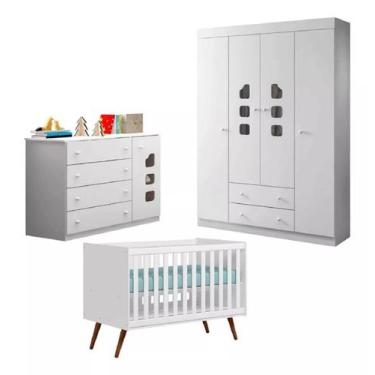 Imagem de Jogo De Quarto Bebê Completo Com Armário 4 Portas Berço Retrô e Cômoda