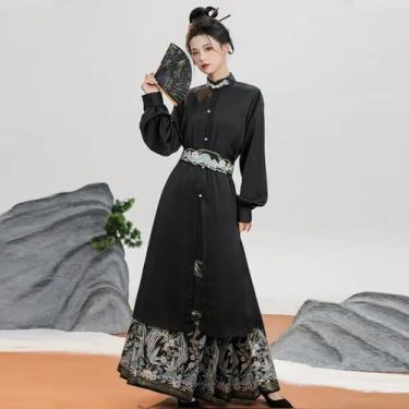 Imagem de Camisa longa preta estilo chinês original maquiagem flor cavalo rosto saia Hanfu terno com cinto elegante fantasias de princesa