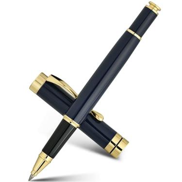 Imagem de BEILUNER Canetas esferográficas, caneta de metal cromado azul deslumbrante com acabamento dourado, conjunto de presente chique para homens e mulheres, graduação, executivo, escritório, bela caixa de