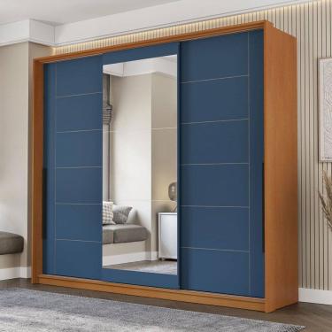 Imagem de Guarda-Roupa Casal Lisboa 3 Portas 4 Gavetas com Espelho Freijó/Azul - Politorno