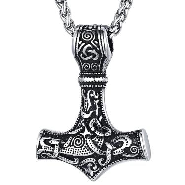 Imagem de FaithHeart Colar masculino viking com martelo de Thor, pingente de amuleto nórdico Mjolnir vintage com corrente de trigo resistente, joia de aço inoxidável (caixa de presente), Aço inoxidável, Sem