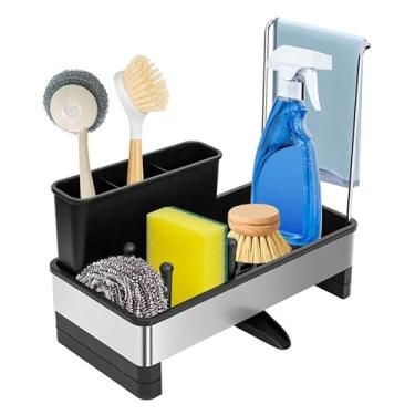 Imagem de Organizador de pia de cozinha, suporte de esponja para pia de cozinha com suporte de escova de louça, bandeja de drenagem automática, rack de drenagem de esponja, bancada organizadora de pia de aço