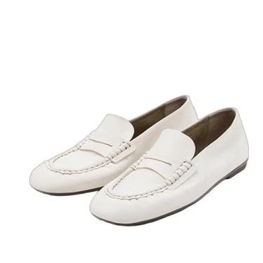 Imagem de Sapatos femininos italianos para mulheres, mocassins, minimalistas, de couro genuíno, moderno, retrô, bico quadrado, textura confortável, sapatos de passeio, Bege, 37