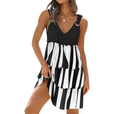 Imagem de Vestido feminino GUNEST preto e branco listrado com decote em V 2025