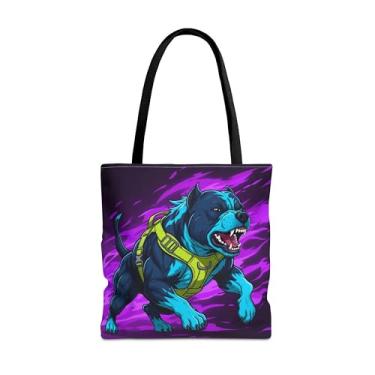 Imagem de Lair Gadgets Sacola Pit Bull Momentum – Arte de buldogue azul feroz com arnês neon e energia roxa elétrica, bolsa de poliéster durável 45,7 x 45,7 cm com alças reforçadas