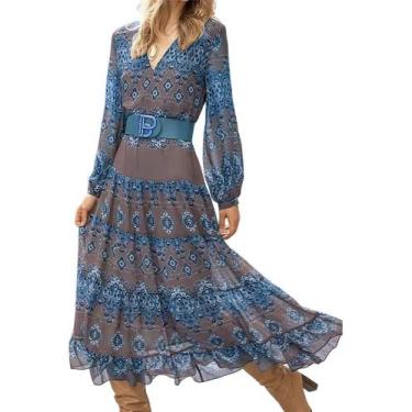 Imagem de Vestido DMOYALA Boho Western Style Empire Floral Maxi Blue