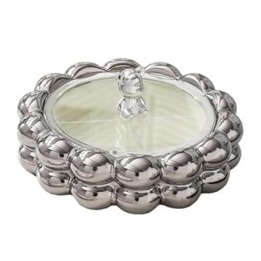 Imagem de Bandeja giratória para servir lanches com tampa, pratos de cerâmica divididos de 30 cm, prato de aperitivo redondo com 4 compartimentos, prato organizador removível de frutas secas branco 4